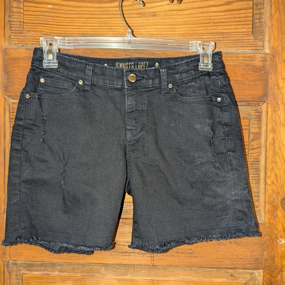 Jennifer Lopez Black Denim Jean Shorts Frayed Hem - Picture 1 of 8